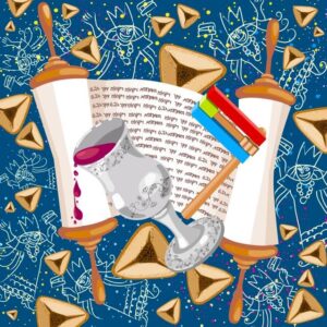 Colourful Purim graphic including a megilah scroll, a gragger, an overflowing cup of wine, and several hamentaschen
