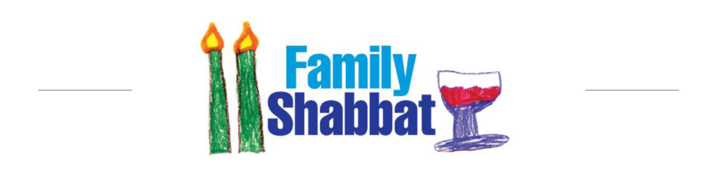 The words Family Shabbat flanked on either side by a pair of shabbat candles and a cup of wine, all drawn in a crayon sketch style